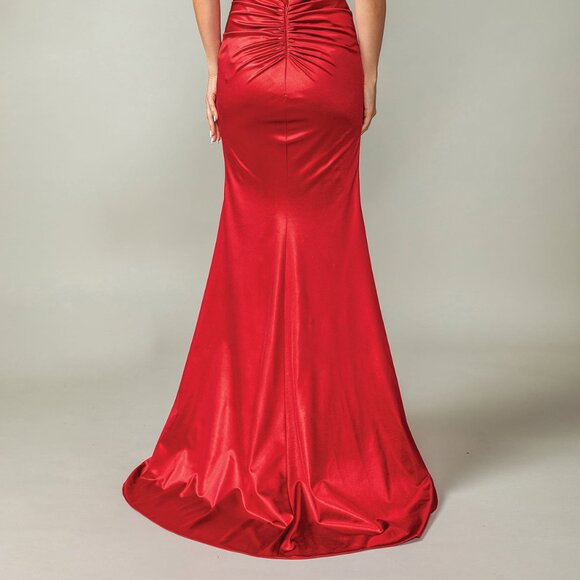 New Strapless Long Soft Satin Dress w/ Rhinestones & Gathered Waistline DQ 4407 - Picture 8 of 8